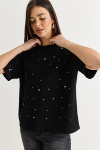 Kadın Kristal Taş Baskılı Oversize Merserize Kısa Kollu Bluz 2905 60286568 - Siyah BLUZ modelleri