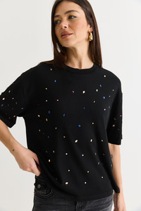 Kadın Kristal Taş Baskılı Oversize Merserize Kısa Kollu Bluz 2905 60286568 - Siyah BLUZ modelleri