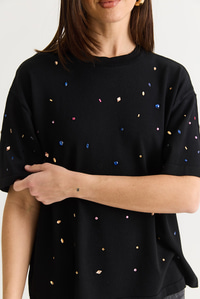 Kadın Kristal Taş Baskılı Oversize Merserize Kısa Kollu Bluz 2905 60286568 - Siyah BLUZ modelleri