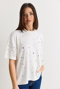 Kadın Kristal Taş Baskılı Oversize Merserize Kısa Kollu Bluz 2905 60286568 - Ekru BLUZ modelleri