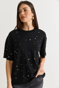 Kadın Kristal Taş Baskılı Oversize Merserize Kısa Kollu Bluz 2905 60286568 - Siyah BLUZ modelleri