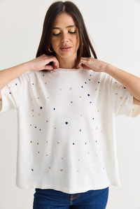 Kadın Kristal Taş Baskılı Oversize Merserize Kısa Kollu Bluz 2905 60286568 - Ekru BLUZ modelleri