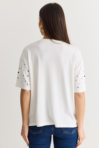 Kadın Kristal Taş Baskılı Oversize Merserize Kısa Kollu Bluz 2905 60286568 - Ekru BLUZ modelleri