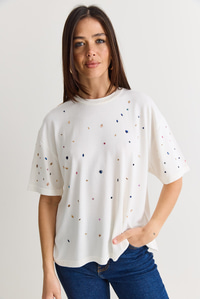 Kadın Kristal Taş Baskılı Oversize Merserize Kısa Kollu Bluz 2905 60286568 - Ekru BLUZ modelleri