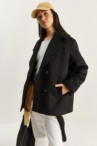 Kadın Kruvaze Yaka Astarlı Kısa Oversize Kaşe Kaban 3508 60283850 - Siyah DIŞ GİYİM modelleri