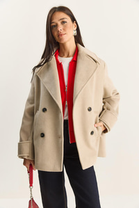 Kadın Kruvaze Yaka Astarlı Kısa Oversize Kaşe Kaban 3508 60283850 - Bej DIŞ GİYİM modelleri