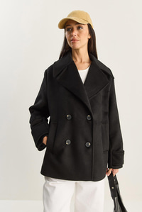 Kadın Kruvaze Yaka Astarlı Kısa Oversize Kaşe Kaban 3508 60283850 - Siyah DIŞ GİYİM modelleri