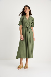 Kadın Kruvaze Yaka Kuşaklı Kısa Kollu Yazlık Elbise 6570 60283354 - Haki
