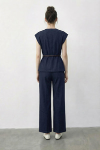 Kadın Kruvaze Yaka Saten Kuşaklı Yelek Bol Pantolon Alt-Üst Denim Takım 9415 60286044 - Lacivert ALT - ÜST TAKIM modelleri