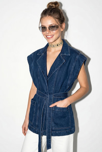 Kadın Kuşak Bağlamalı Cepli Kruvaze Yaka Denim Yelek 3551 60286226 - Lacivert YELEK modelleri