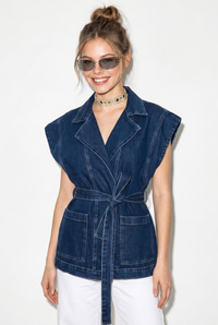 Kadın Kuşak Bağlamalı Cepli Kruvaze Yaka Denim Yelek 3551 60286226 - Lacivert YELEK modelleri