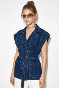 Kadın Kuşak Bağlamalı Cepli Kruvaze Yaka Denim Yelek 3551 60286226 - Lacivert YELEK modelleri