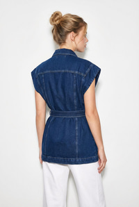 Kadın Kuşak Bağlamalı Cepli Kruvaze Yaka Denim Yelek 3551 60286226 - Lacivert YELEK modelleri