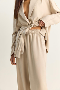 Kadın Kuşaklı Kimono Beli Lastikli Cep Detaylı Bol Palazzo Pantolon Modal Takım 9422 60286156 - Bej ALT - ÜST TAKIM modelleri