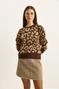 Kadın Leopar Desenli Bisiklet Yaka Şardonlu Basic Triko Kazak 60285010 - Kahverengi-Camel KAZAK modelleri