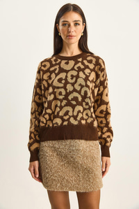 Kadın Leopar Desenli Bisiklet Yaka Şardonlu Basic Triko Kazak 60285010 - Kahverengi-Camel KAZAK modelleri