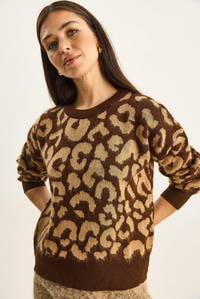 Kadın Leopar Desenli Bisiklet Yaka Şardonlu Basic Triko Kazak 60285010 - Kahverengi-Camel KAZAK modelleri