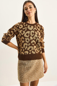 Kadın Leopar Desenli Bisiklet Yaka Şardonlu Basic Triko Kazak 60285010 - Kahverengi-Camel KAZAK modelleri