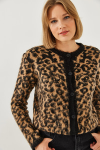 Kadın Leopar Desenli Şardonlu Hırka 241070 60251938 - Siyah-Camel HIRKA modelleri