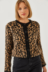 Kadın Leopar Desenli Şardonlu Hırka 241070 60251938 - Siyah-Camel HIRKA modelleri