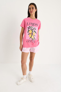 Kadın Limon Baskılı Bisiklet Yaka %100 Pamuklu T-Shirt 6701 60283452 - Pembe