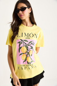 Kadın Limon Baskılı Bisiklet Yaka %100 Pamuklu T-Shirt 6701 60283452 - Limon Sarısı