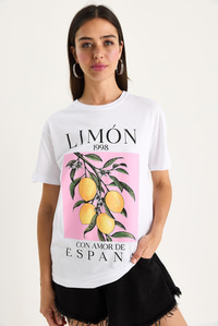 Kadın Limon Baskılı Bisiklet Yaka %100 Pamuklu T-Shirt 6701 60283452 - Beyaz