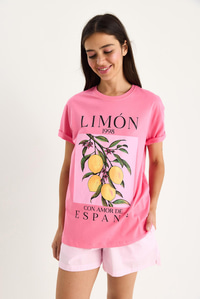 Kadın Limon Baskılı Bisiklet Yaka %100 Pamuklu T-Shirt 6701 60283452 - Pembe