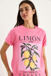 Kadın Limon Baskılı Bisiklet Yaka %100 Pamuklu T-Shirt 6701 60283452 - Pembe