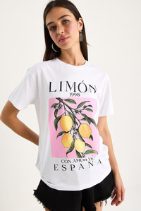 Kadın Limon Baskılı Bisiklet Yaka %100 Pamuklu T-Shirt 6701 60283452 - Beyaz