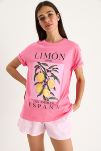 Kadın Limon Baskılı Bisiklet Yaka %100 Pamuklu T-Shirt 6701 60283452 - Pembe