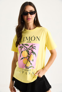 Kadın Limon Baskılı Bisiklet Yaka %100 Pamuklu T-Shirt 6701 60283452 - Limon Sarısı