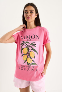 Kadın Limon Baskılı Bisiklet Yaka %100 Pamuklu T-Shirt 6701 60283452 - Pembe