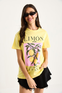 Kadın Limon Baskılı Bisiklet Yaka %100 Pamuklu T-Shirt 6701 60283452 - Limon Sarısı