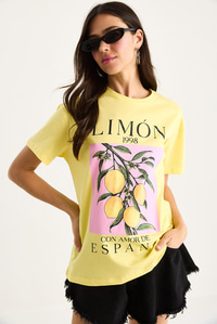 Kadın Limon Baskılı Bisiklet Yaka %100 Pamuklu T-Shirt 6701 60283452 - Limon Sarısı
