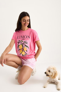Kadın Limon Baskılı Bisiklet Yaka %100 Pamuklu T-Shirt 6701 60283452 - Pembe