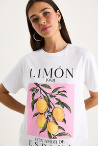 Kadın Limon Baskılı Bisiklet Yaka %100 Pamuklu T-Shirt 6701 60283452 - Beyaz