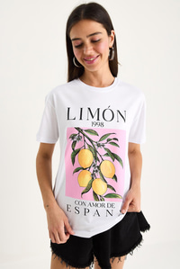 Kadın Limon Baskılı Bisiklet Yaka %100 Pamuklu T-Shirt 6701 60283452 - Beyaz