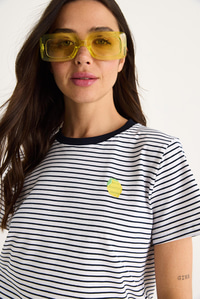 Kadın Limon Nakışlı Çizgili Pamuklu Basic T-Shirt 3369 60283387 - Lacivert-Beyaz