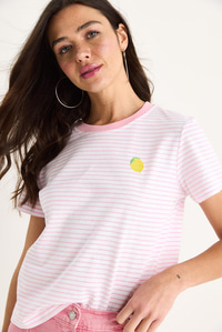 Kadın Limon Nakışlı Çizgili Pamuklu Basic T-Shirt 3369 60283387 - Şeker Pembe