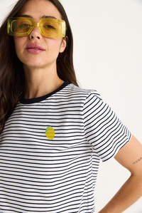Kadın Limon Nakışlı Çizgili Pamuklu Basic T-Shirt 3369 60283387 - Lacivert-Beyaz