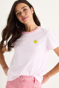 Kadın Limon Nakışlı Çizgili Pamuklu Basic T-Shirt 3369 60283387 - Şeker Pembe