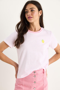 Kadın Limon Nakışlı Çizgili Pamuklu Basic T-Shirt 3369 60283387 - Şeker Pembe