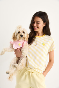 Kadın Limon Nakışlı Çizgili Pamuklu Basic T-Shirt 3369 60283387 - Limon Sarısı