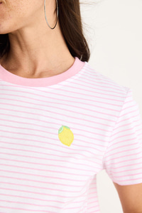 Kadın Limon Nakışlı Çizgili Pamuklu Basic T-Shirt 3369 60283387 - Şeker Pembe