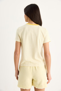 Kadın Limon Nakışlı Çizgili Pamuklu Basic T-Shirt 3369 60283387 - Limon Sarısı