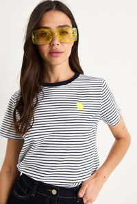 Kadın Limon Nakışlı Çizgili Pamuklu Basic T-Shirt 3369 60283387 - Lacivert-Beyaz