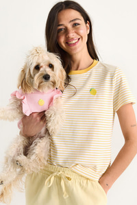 Kadın Limon Nakışlı Çizgili Pamuklu Basic T-Shirt 3369 60283387 - Limon Sarısı