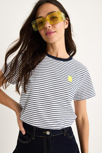Kadın Limon Nakışlı Çizgili Pamuklu Basic T-Shirt 3369 60283387 - Lacivert-Beyaz