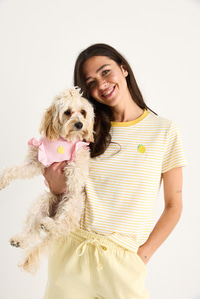 Kadın Limon Nakışlı Çizgili Pamuklu Basic T-Shirt 3369 60283387 - Limon Sarısı